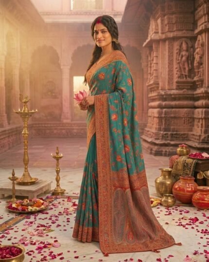 Vastrani Orange Dola Silk Saree with Beautiful Zari Work Border - full-length model